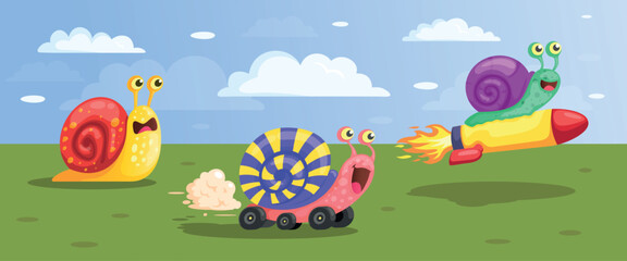 Snail race. Fast or slow slugs on wheels speedy run on road, quick moving snail sport business team competition leadership concept cartoon funny cute slug kicky vector illustration © ssstocker