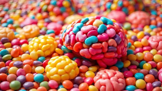 A pile of colorful candy in brain and heart shapes.