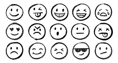 Fototapeta premium Crayon emoji. Hand drawn smile face, smiley icon happy sad laugh cry humor expression doodle comic characters chalk pencil texture child element set qualitative vector illustration