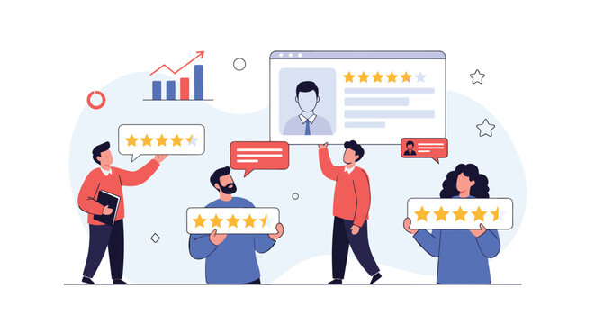 Group of diverse people hold up large white boards showing five star ratings to give positive feedback and review a product or service.
