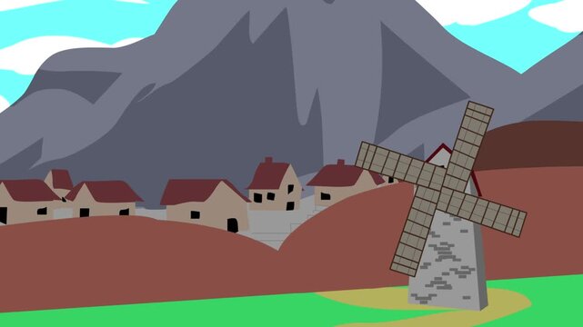 Cartoon style animation of a village with a windmill and mountains, art, vintage, 2D.