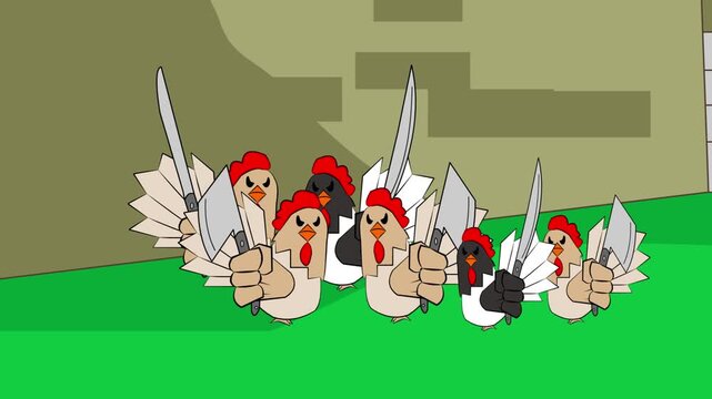 Cartoon style animation of some chickens with knives, art, vintage, 2D.