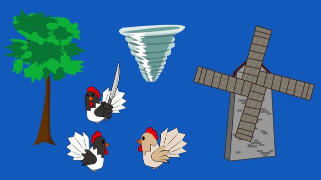 Cartoon style animation of some chickens, a mill, a tree and a tornado, art, vintage, 2D, blue.