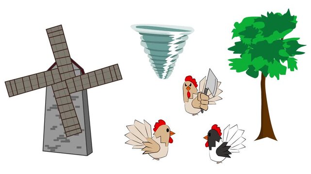 Cartoon style animation of some chickens, a mill, a tree and a tornado, art, vintage, 2D, white.
