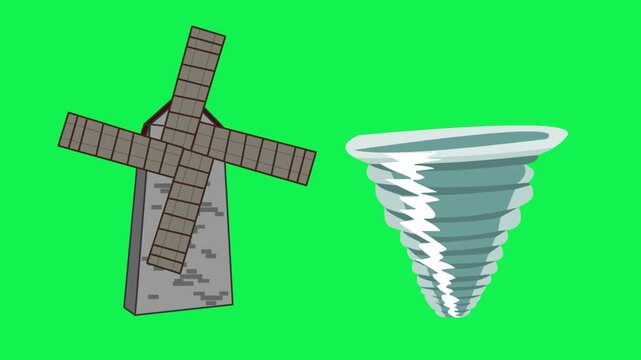 Cartoon style animation with a tornado and a windmill moving, art, vintage, green.