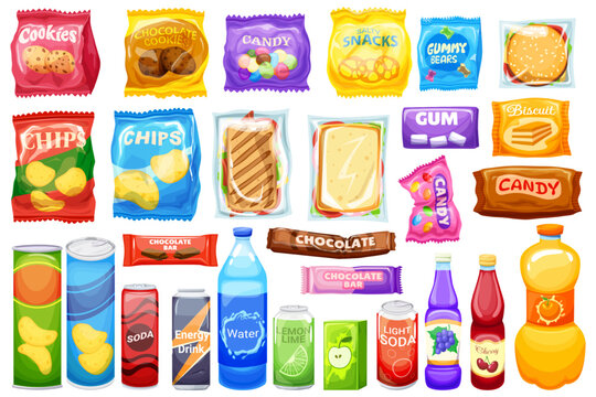 Vending snacks products. Snack machine package box food wrapper bag biscuit cookie packet candy chocolate bar gum crisp soda beverage drink can bottle ingenious vector illustration