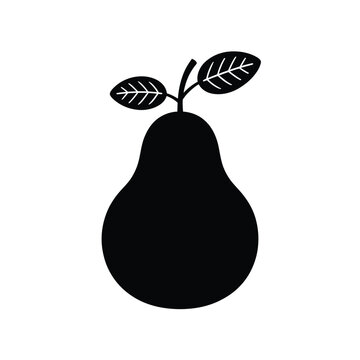 black silhouette of a pear with leaves on white background