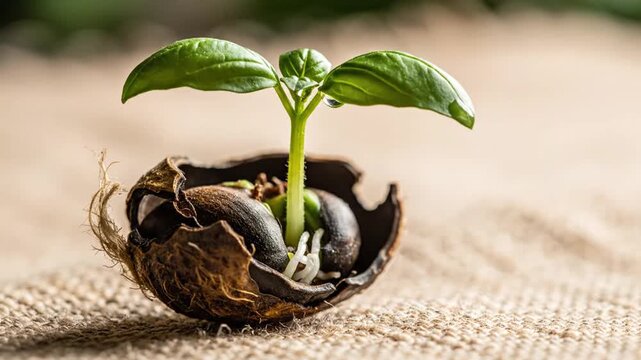 Close-up of a vibrant green basil seedling with water droplets sprouting from a cracked brown coconut shell or seed husk on a textured burlap surface with a soft focus background.