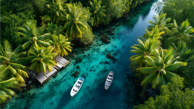 Stunning aerial view of a hidden tropical paradise lagoon with incredibly crystal clear turquoise and deep blue water, revealing underwater rocks and corals, surrounded by dense lu