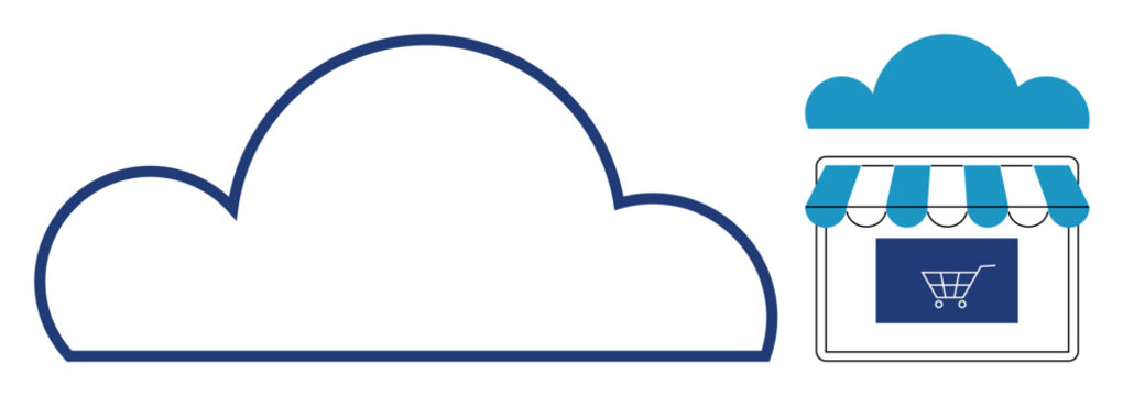 Cloud storage, e-commerce, online shopping, digital marketplace, remote access, data management. Blue cloud next to an online storefront with a shopping cart icon. E-commerce and cloud storage