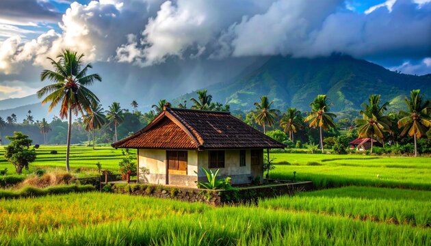 Typical Indian style home amidst paddy fields, mountains & waterfall during monsoon season in coastal or mountainous region of India.