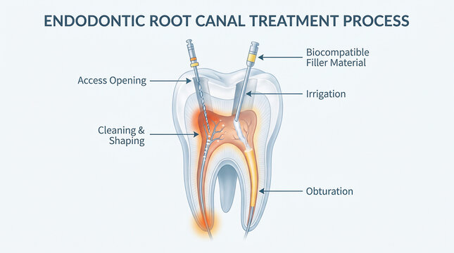 Illustration of the endodontic root canal treatment process in a tooth