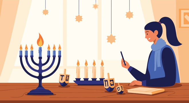 Young woman taking a photo of a lit menorah with her smartphone while celebrating the traditional Jewish festival of Hanukkah in a cozy home.