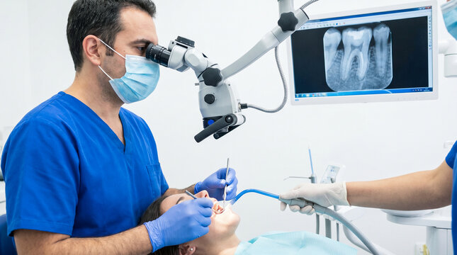 Dentist performs root canal procedure using dental microscope and x-ray