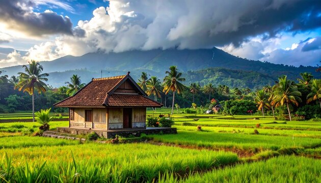 Typical Indian style home amidst paddy fields, mountains & waterfall during monsoon season in coastal or mountainous region of India.