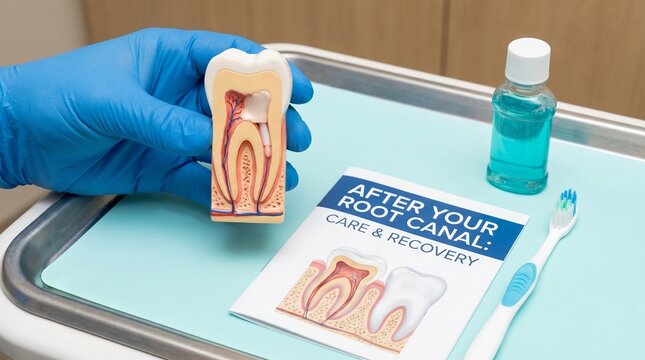 Dentist shows tooth model after root canal treatment with recovery leaflet