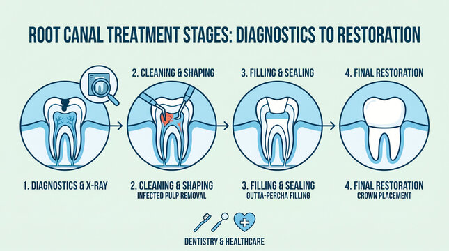 Diagram illustrating the stages of root canal treatment from diagnosis