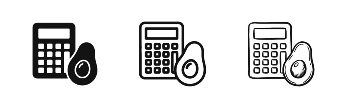 Calculator and Avocado Icon Set for Keto Diet and Calorie Tracking