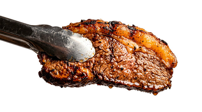 A juicy grilled steak being held with metal tongs on a white background