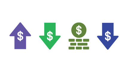 Fototapeta premium Colorful dollar icons with upward arrow, downward arrow, and brick wall representing financial concepts on transparent background.