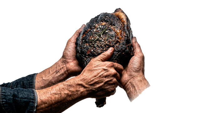 A pair of wrinkled hands holding a burnt loaf of bread against a white background