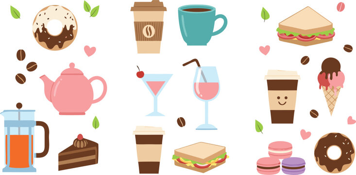 Coffee and sweet dessert vector illustration set featuring donuts sandwiches tea cake ice cream and beverage collection