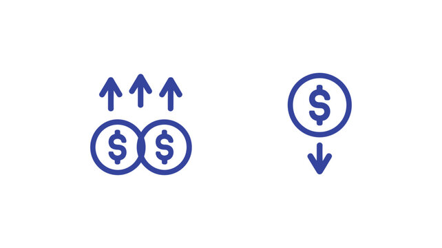 Blue dollar icons with upward arrows and downward arrow on transparent background, symbolizing financial increase and decrease.