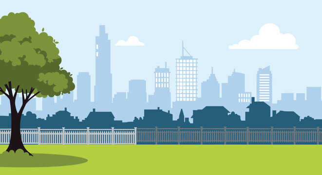 Peaceful urban landscape view of a modern city skyline with skyscrapers seen from a quiet green park with a white fence and a large leafy tree.