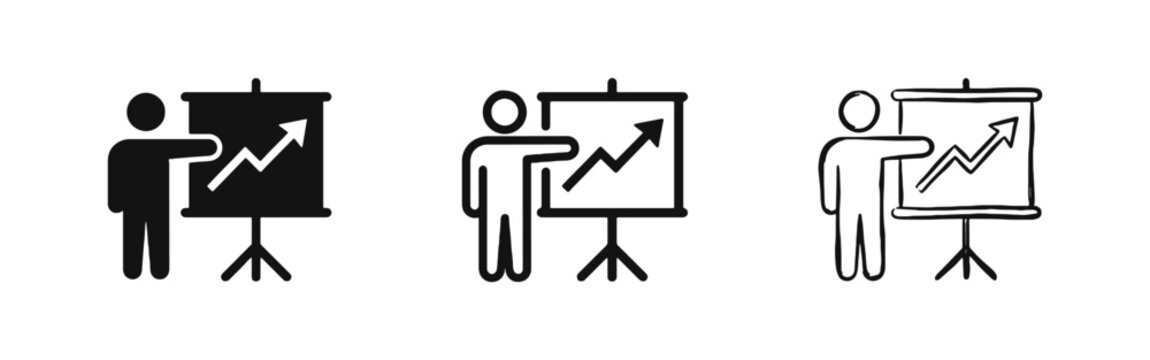 Business Presentation and Training Icon Set with Person and Growth Chart Board
