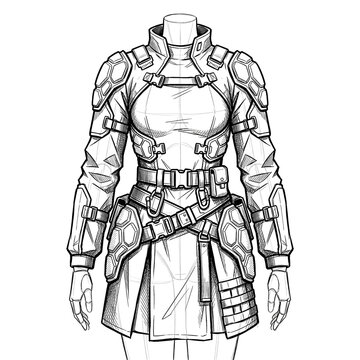 Hand drawn sketch of exoskeleton techwear dress isolated on white. Anime style illustration.
