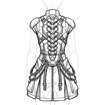 Hand drawn sketch of exoskeleton techwear dress isolated on white. Anime style illustration.