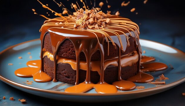 gourmet chocolate cake with caramel drizzle high resolution image