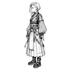 Obraz premium Hand drawn sketch of techwear hanfu dress isolated on white. Anime style.