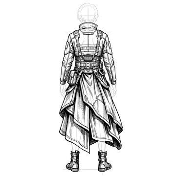 Hand drawn sketch of techwear hanfu dress isolated on white. Anime style.