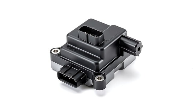 Black plastic automotive ignition coil pack isolated on white backgrou