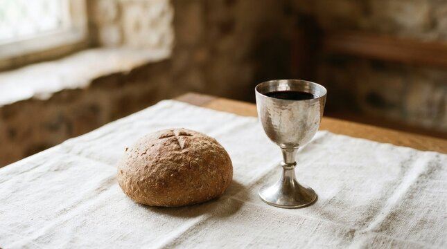 Whole grain bread and silver chalice on white linen cloth near window in soft natural light perfect for Corpus Christi