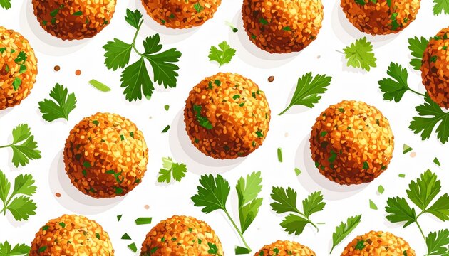 Middle Eastern falafel balls seamless pattern with fresh parsley leaves on white background