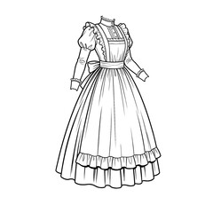 Fototapeta premium Technical line art of long Victorian Maid dress 3/4 view.