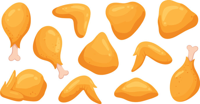 Crispy golden fried chicken vector illustration set with separate drumsticks wings breast pieces nuggets and tenders isolated on transparent grid background