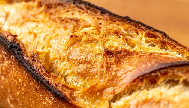 Freshly baked baguette with deep diagonal slash and crisp golden crust on wooden surface