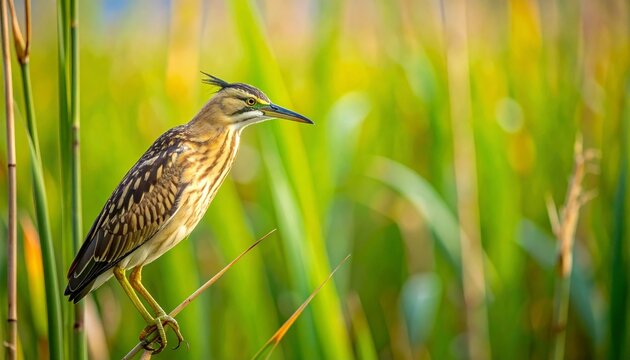 Little bittern bird perched on reed stalk in golden wetland with soft bokeh background