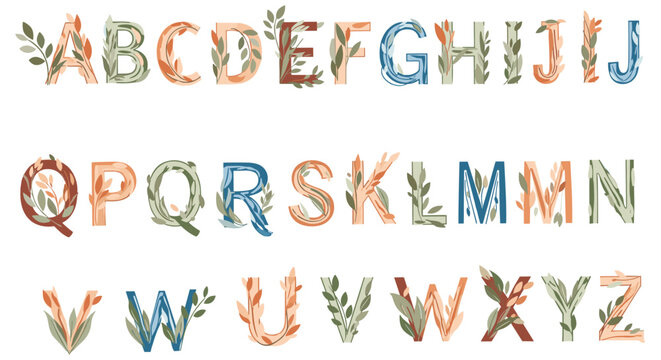 Complete set of uppercase alphabet letters designed with elegant botanical leaves and earthy color tones on a white background.