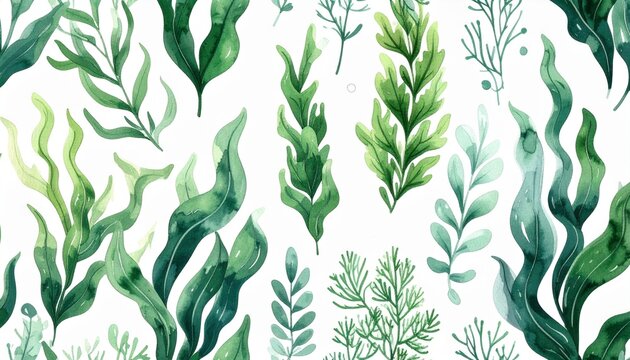 Hand-drawn seamless seaweed pattern with kelp, dulse, and wakame varieties on white background