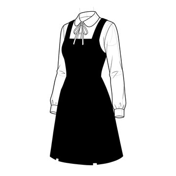 Technical line art of school pinafore jumper dress 3/4 view.