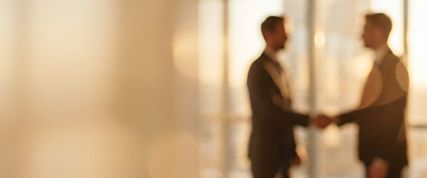 Two businessmen shaking hands in an office setting, symbolizing agreement or partnership. The background is softly blurred, creating a warm ambiance.