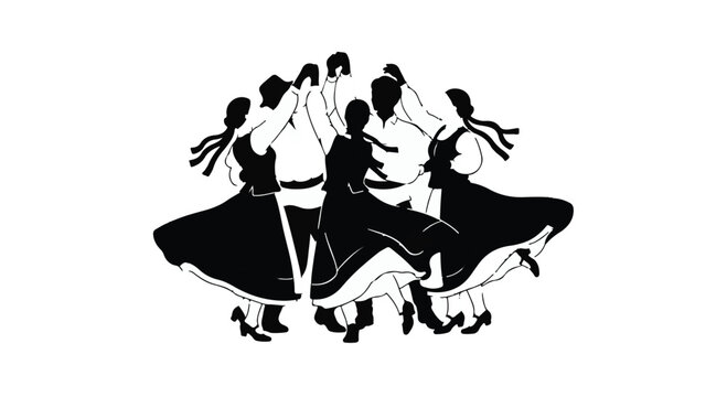 Folk dancers illustration shows a group of people in traditional attire performing a circular dance.