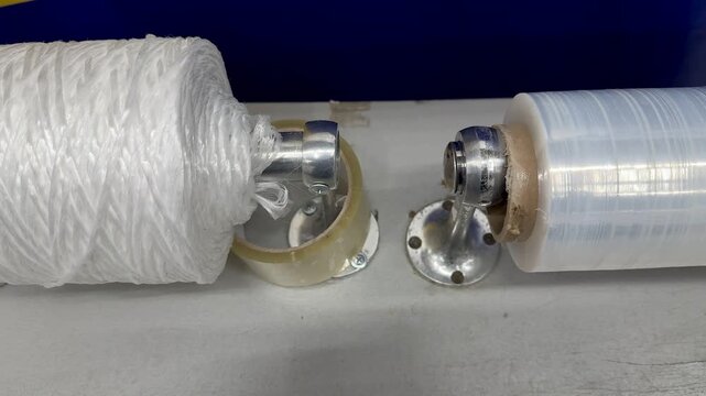 Transparent film white rope on counter showcasing closeup of dispenser with clear stretch film and dense white twine spool ready