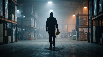 Fototapeta premium Safety training workplace rules concept. Silhouetted worker walking through a dimly lit warehouse aisle holding a helmet.