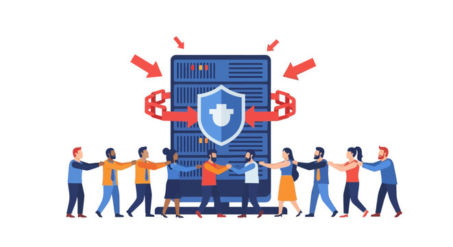 Cybersecurity Team Protecting Server Rack and Data Center, Flat Vector Illustration of Network Security, Information Safety, and Collaborative Defense