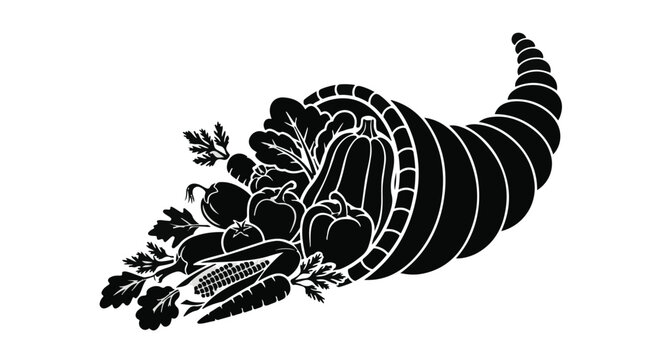Cornucopia illustration depicts a horn of plenty overflowing with various fresh fruits and vegetables.